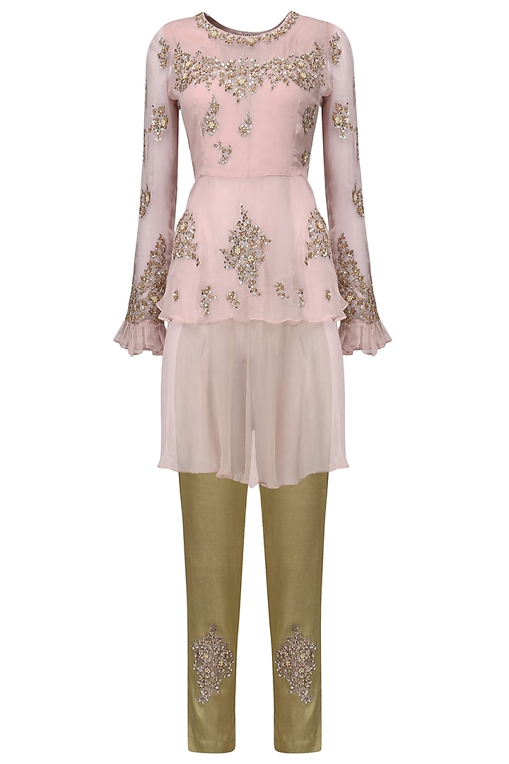 Blush Pink Layered Tunic with Brocade Trousers by Tara Thakur