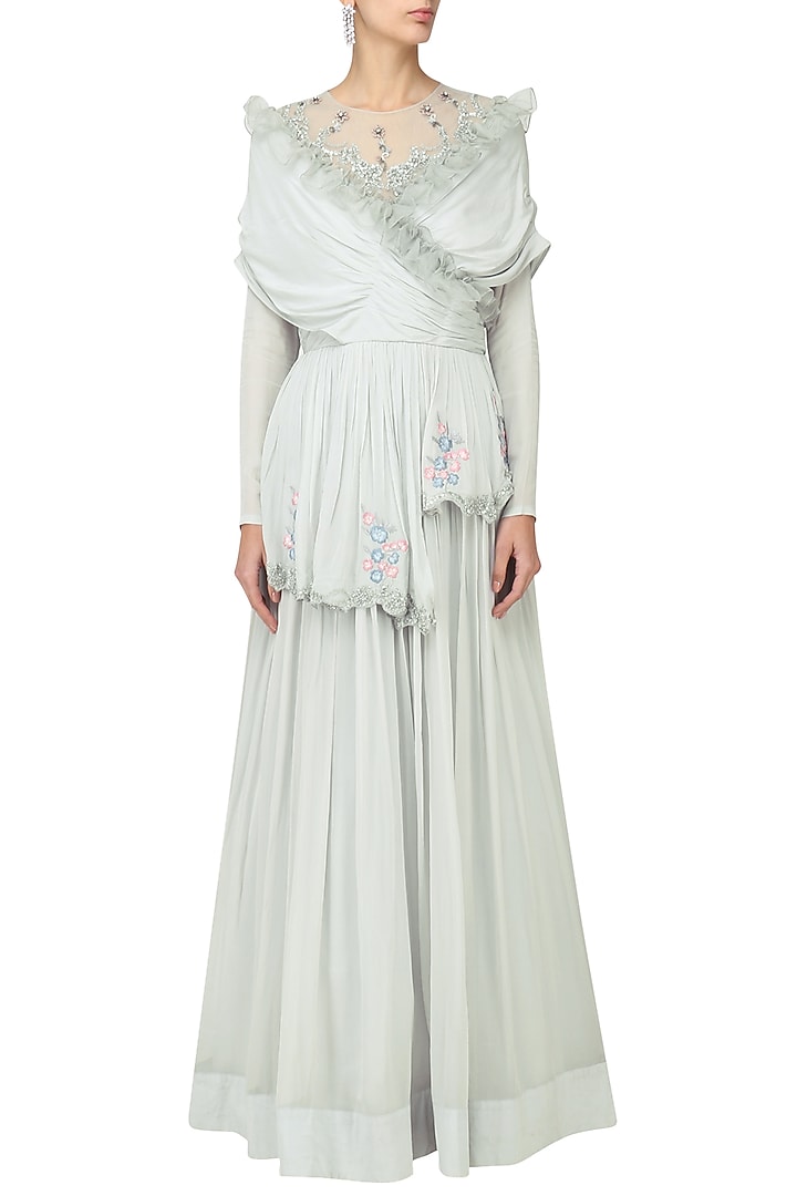 Pearl grey embroidered layered anarkali set available only at Pernia's Pop Up Shop.