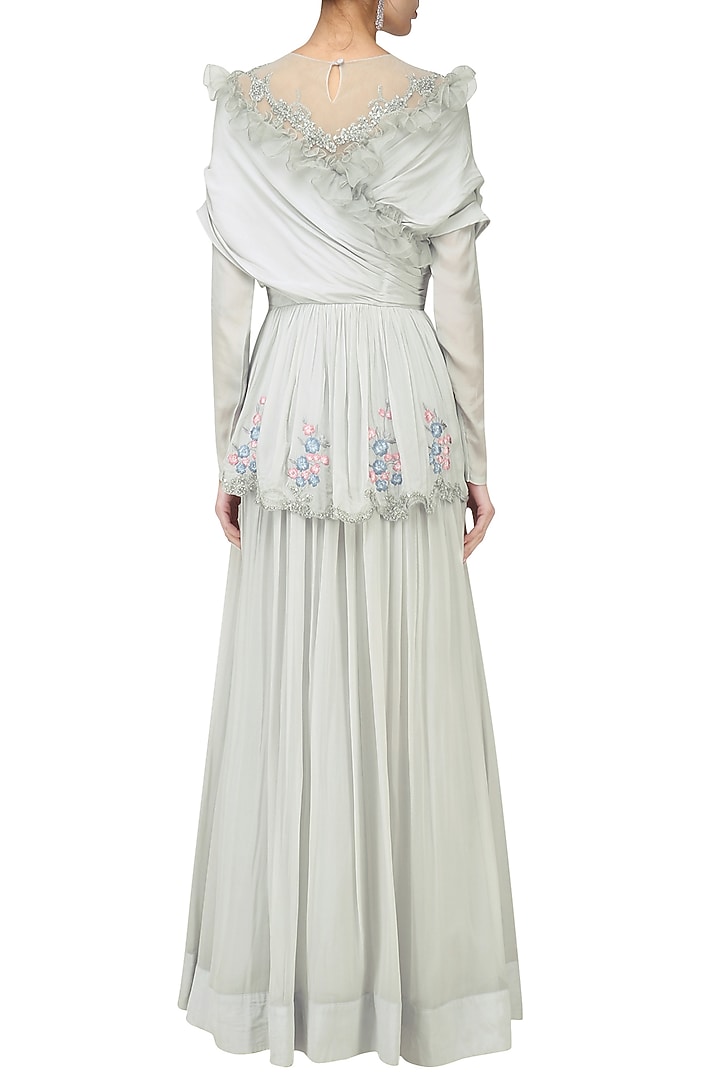 Pearl grey embroidered layered anarkali set available only at Pernia's Pop Up Shop.