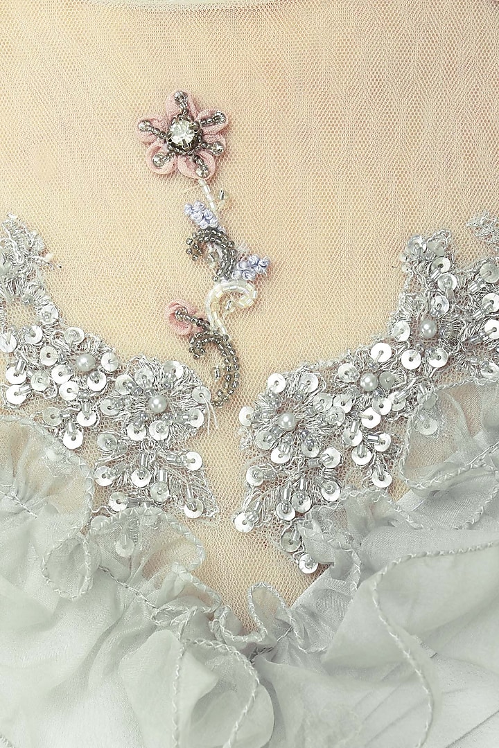 Pearl grey embroidered layered anarkali set available only at Pernia's Pop Up Shop.