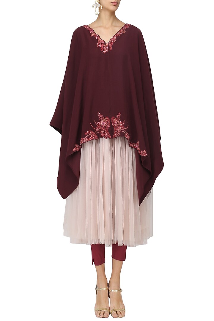 Burgundy embroidered kaftan with legging set available only at Pernia's Pop Up Shop.