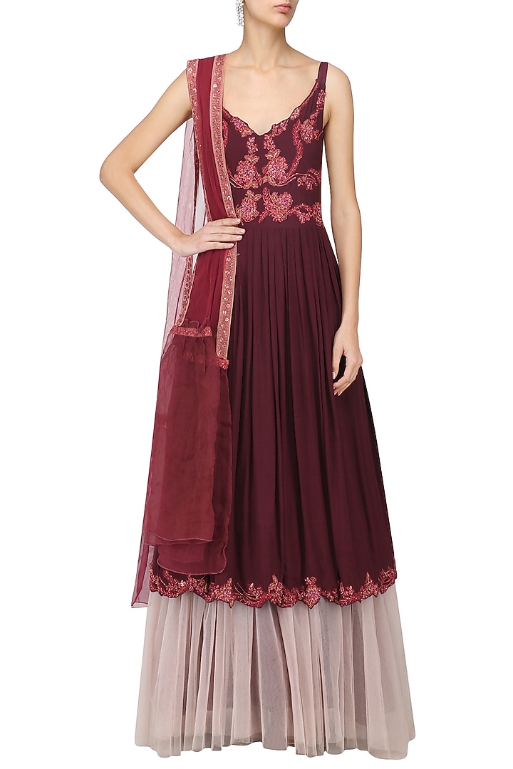 Cherry red embroidered anarkali set available only at Pernia's Pop Up Shop.