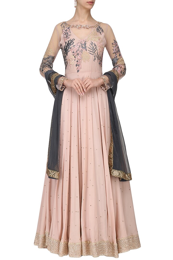 Blush pink embroidered anarkali set available only at Pernia's Pop Up Shop.