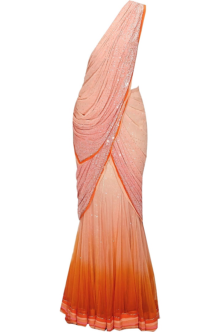 Peach pink shaded sequins embroidered concept sari with beige crystal work blouse by Tarun Tahiliani