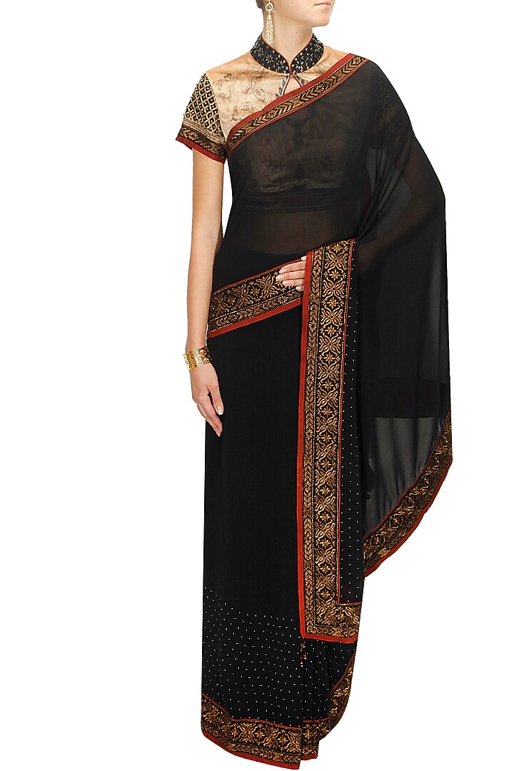 Black zari embroidered sari with beige vellore blouse available only at Pernia's Pop-Up Shop.