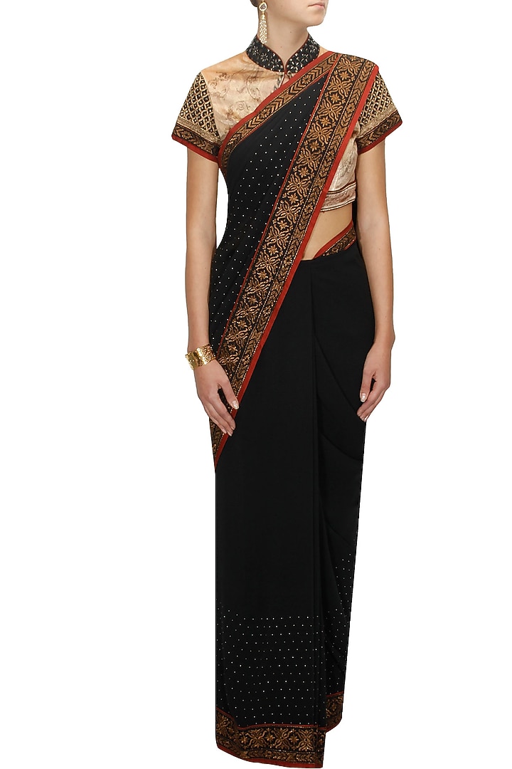 Black zari embroidered sari with beige vellore blouse available only at Pernia's Pop-Up Shop.