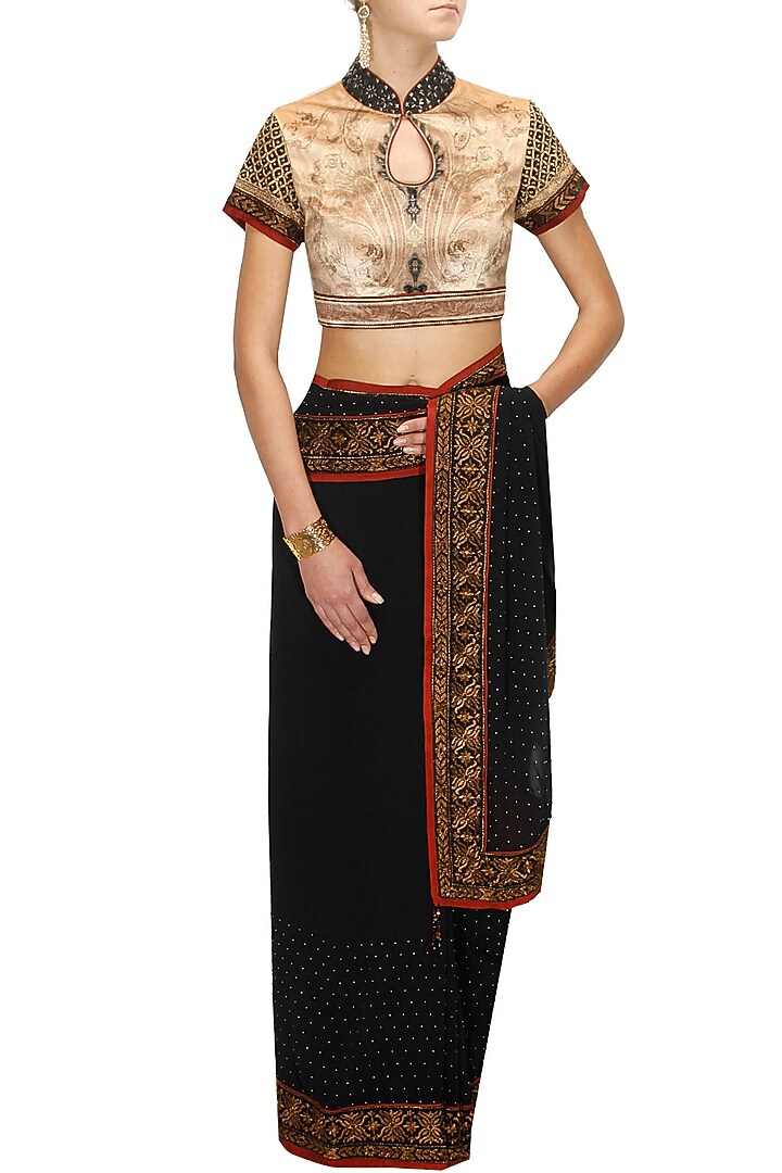 Black zari embroidered sari with beige vellore blouse available only at Pernia's Pop-Up Shop.