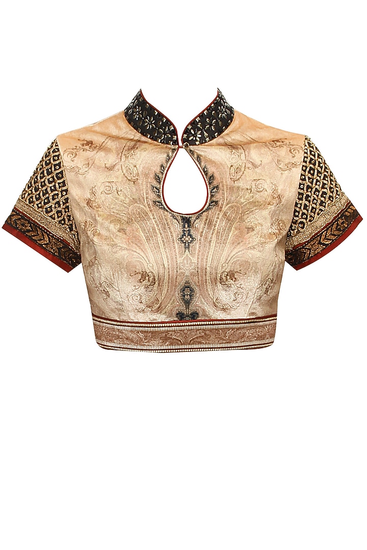 Black zari embroidered sari with beige vellore blouse available only at Pernia's Pop-Up Shop.