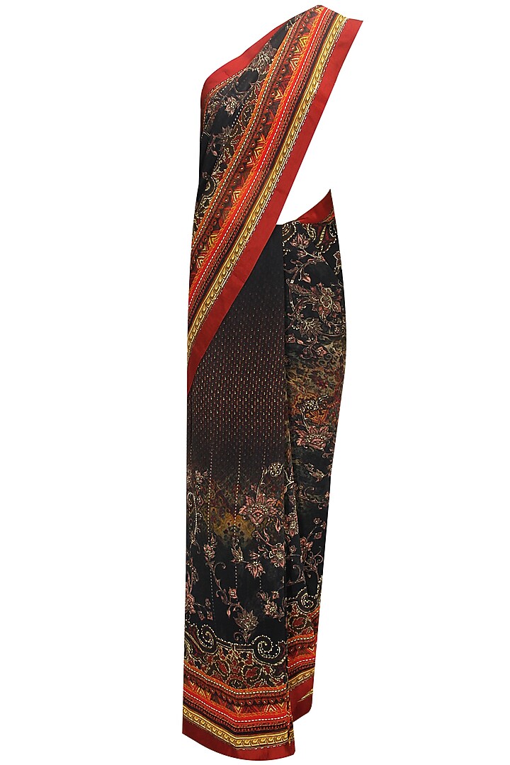Digital printed crystal embellished sari with maroon velvet blouse available only at Pernia's Pop-Up Shop.