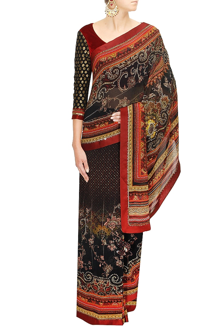 Digital printed crystal embellished sari with maroon velvet blouse available only at Pernia's Pop-Up Shop.