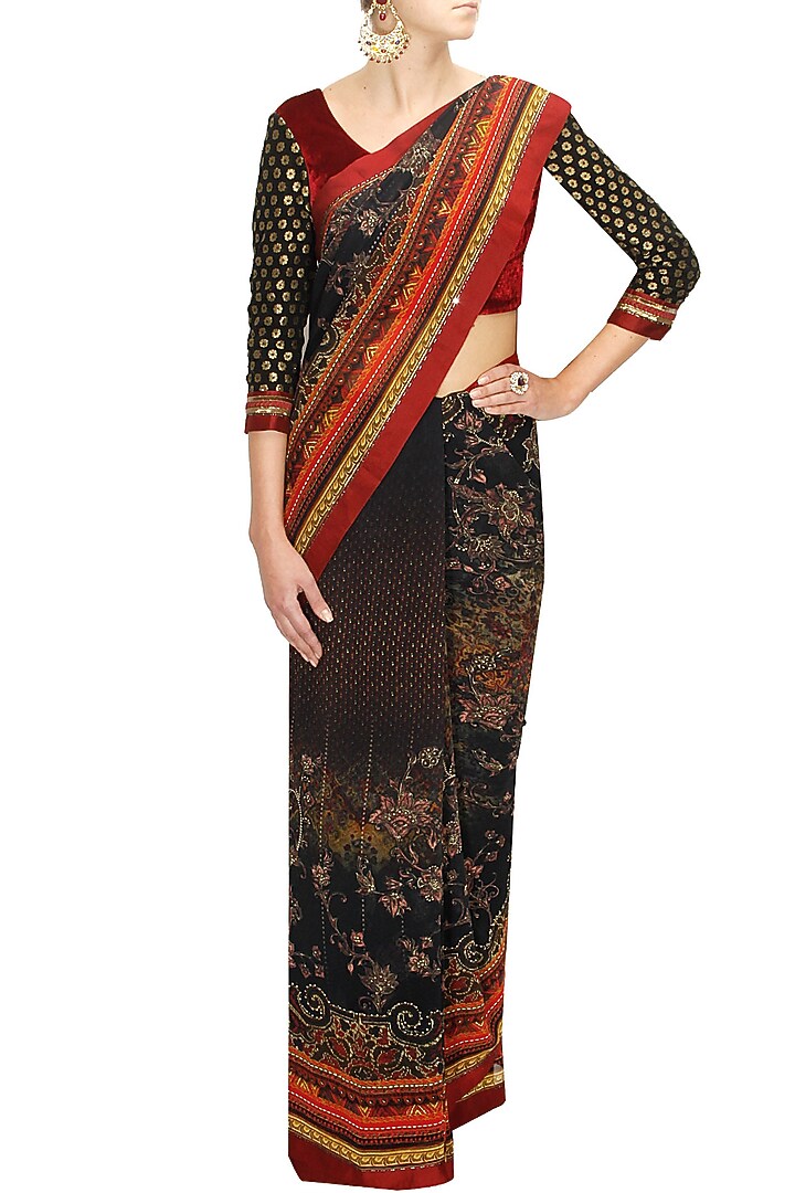Digital printed crystal embellished sari with maroon velvet blouse available only at Pernia's Pop-Up Shop.