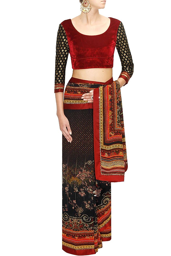 Digital printed crystal embellished sari with maroon velvet blouse available only at Pernia's Pop-Up Shop.