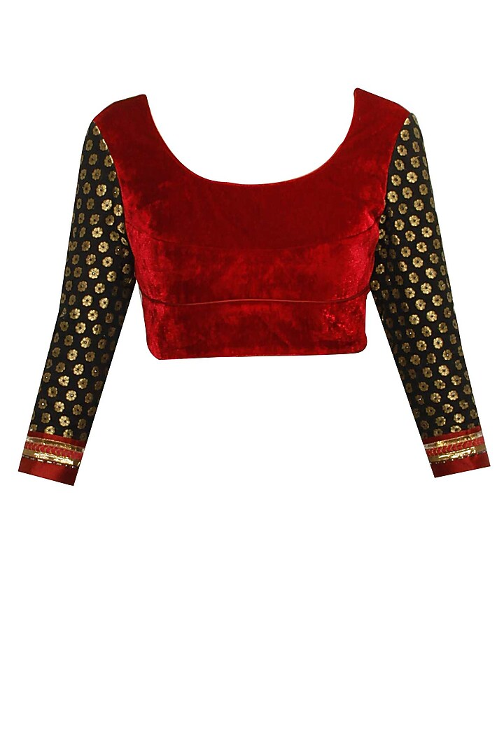 Digital printed crystal embellished sari with maroon velvet blouse available only at Pernia's Pop-Up Shop.