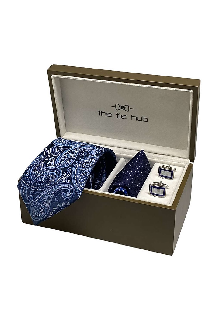 Blue Woven Silk Necktie Set (Set Of 3) by THE TIE HUB at Pernia's Pop Up Shop