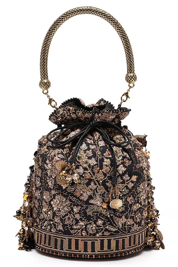 Black Chanderi Potli Bag by Tarun Tahiliani Accessories at Pernia's Pop Up Shop