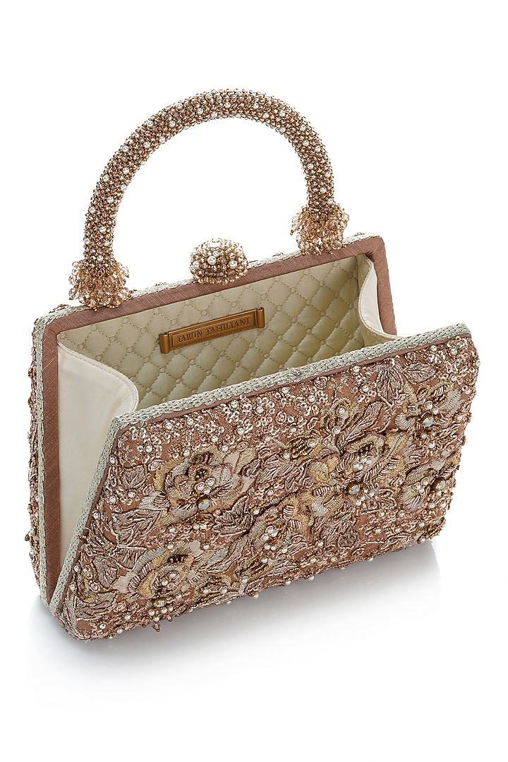 Bronze Kasab Satin Zardosi Embroidered Clutch by Tarun Tahiliani Accessories at Pernia's Pop Up Shop