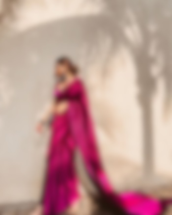 Wine Satin Pleated Saree Set by Titliyan by KK