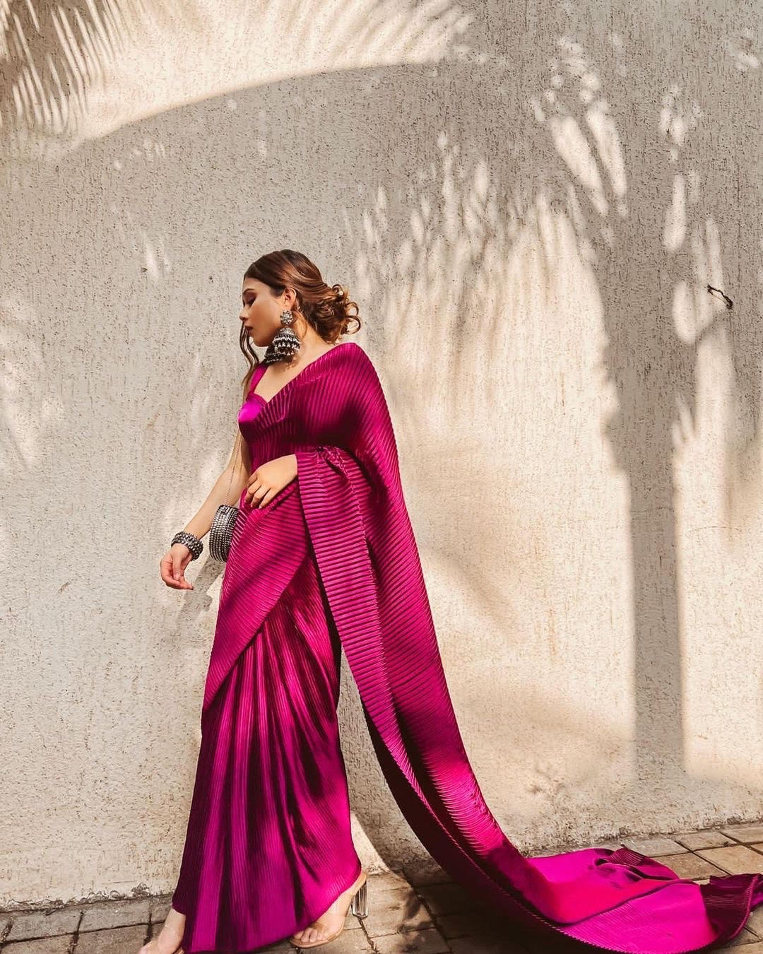 Wine Satin Pleated Saree Set by Titliyan by KK