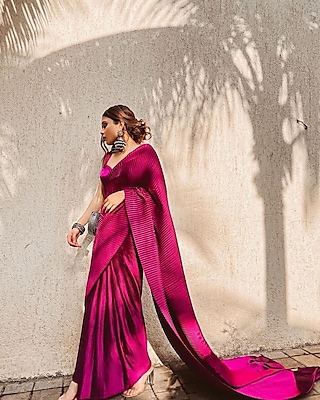 Wine Satin Pleated Saree Set by Titliyan by KK