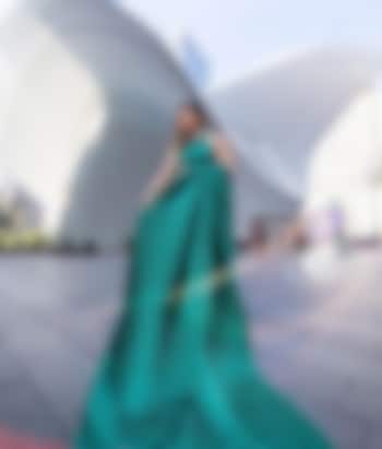 Green Satin Pleated Saree Set by Titliyan by KK