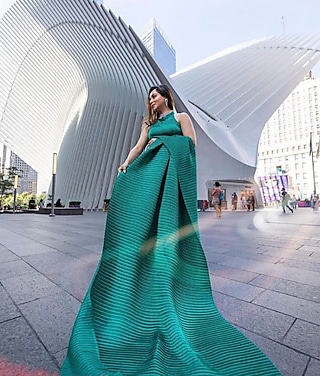 Green Satin Pleated Saree Set by Titliyan by KK