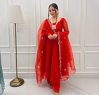 Red Organza Anarkali Set by Titliyan by KK