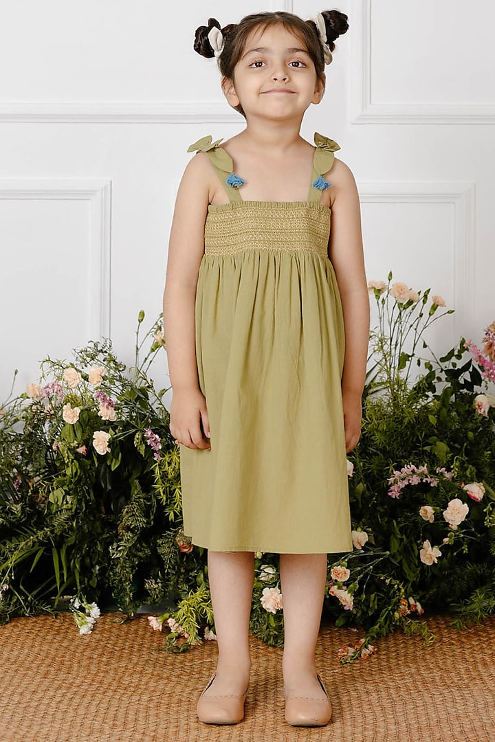 Green Cotton Dress For Girls by Tribe Kids