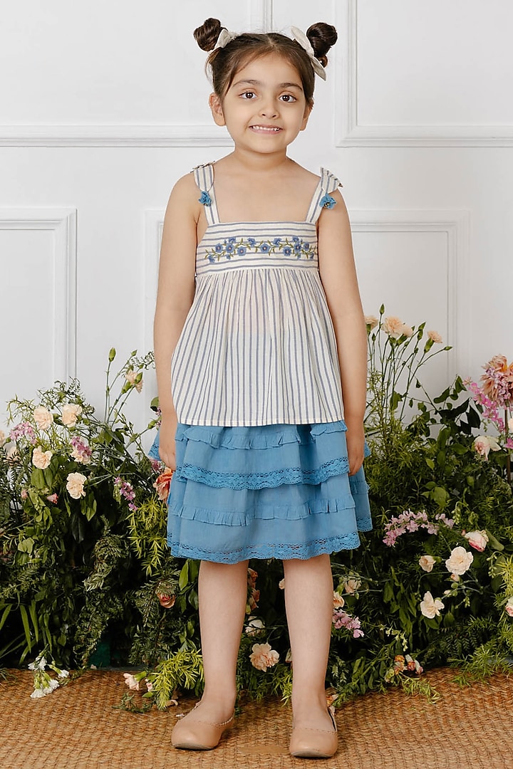 Cream & Blue Embroidered Top For Girls by Tribe Kids