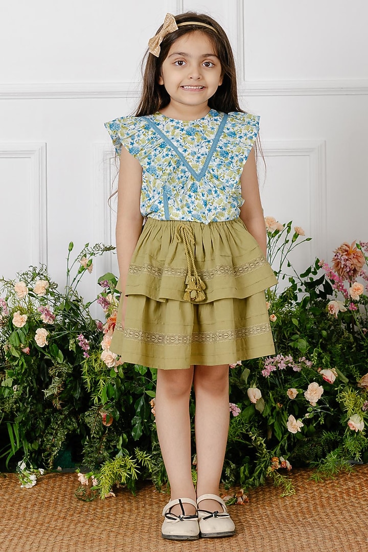 Green Cotton Layered Skirt For Girls by Tribe Kids at Pernia's Pop Up Shop