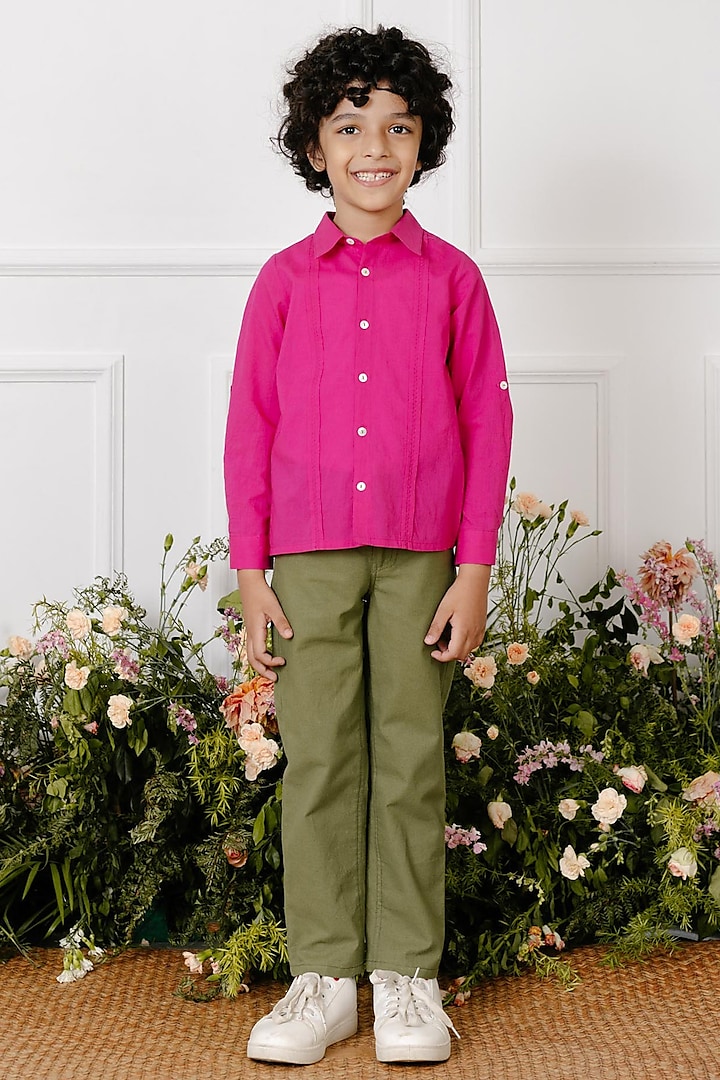 Fuchsia Pink Embroidered Shirt For Boys by Tribe Kids