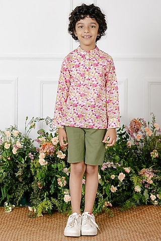 Olive Green Cotton Shorts With Pockets For Boys by Tribe Kids