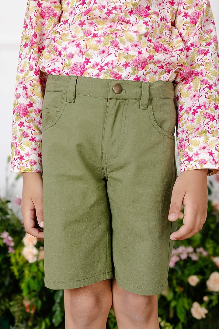 Olive Green Cotton Shorts With Pockets For Boys by Tribe Kids at Pernia's Pop Up Shop