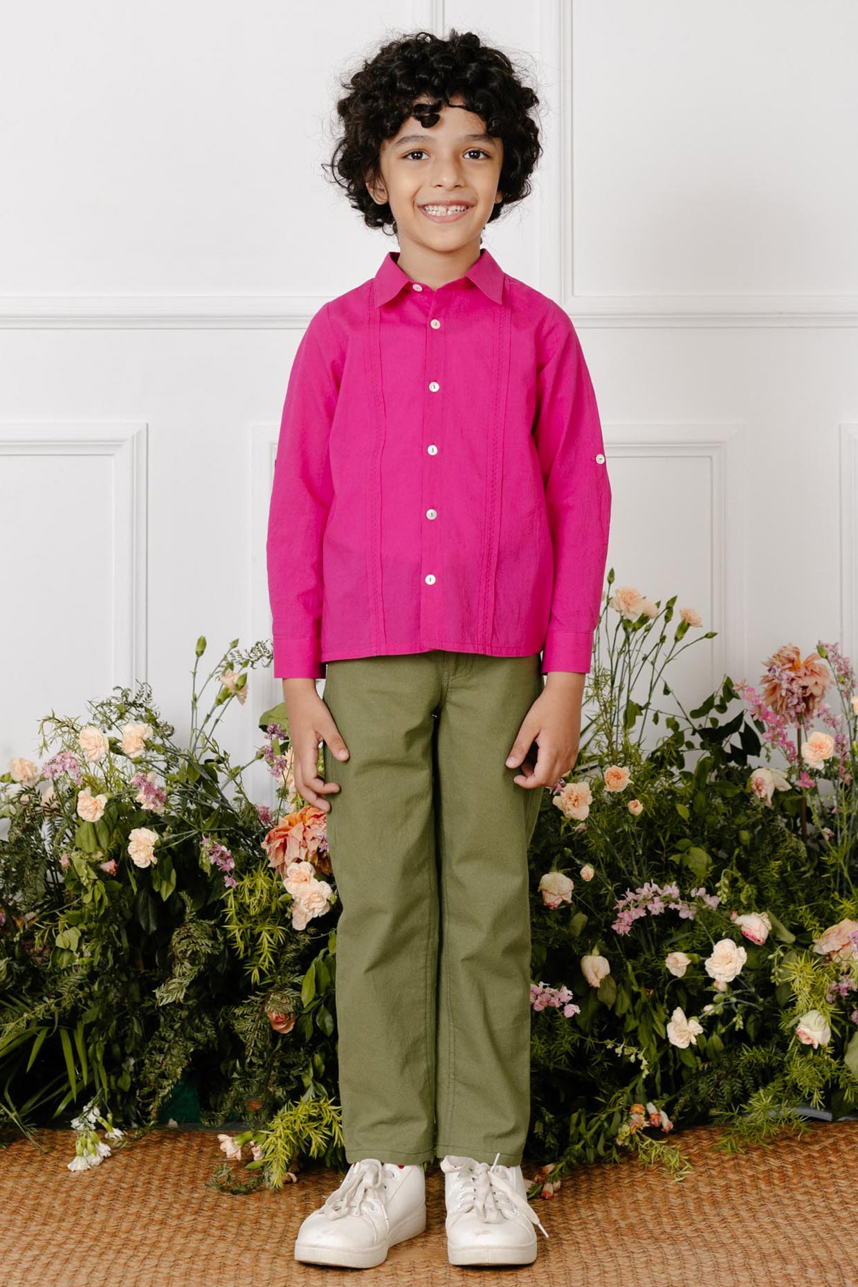 Olive Green Cotton Twill Pants For Boys Design by Tribe Kids at