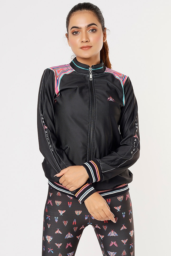 Charcoal Black Printed Bomber Jacket by TUNA ACTIVE at Pernia's Pop Up Shop