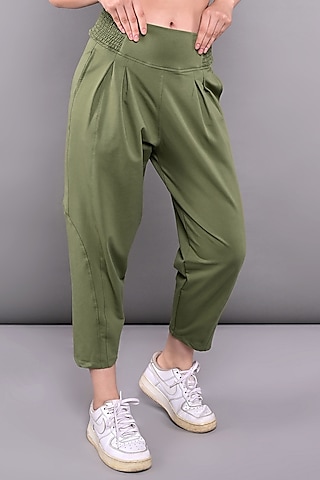 Sage Green Silk Damask Trousers Design by SUKETDHIR at Pernia's