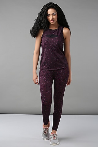 Dark Purple Polyblend Animal Printed Co-Ord Set by TUNA ACTIVE