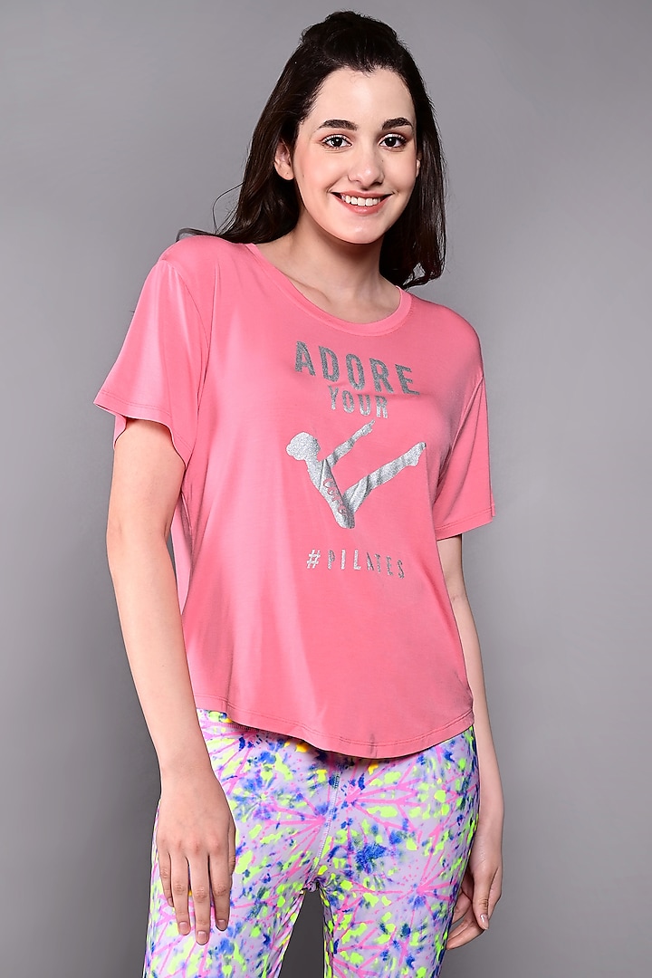 Peach Pink Cotton Modal Printed T-Shirt by TUNA ACTIVE