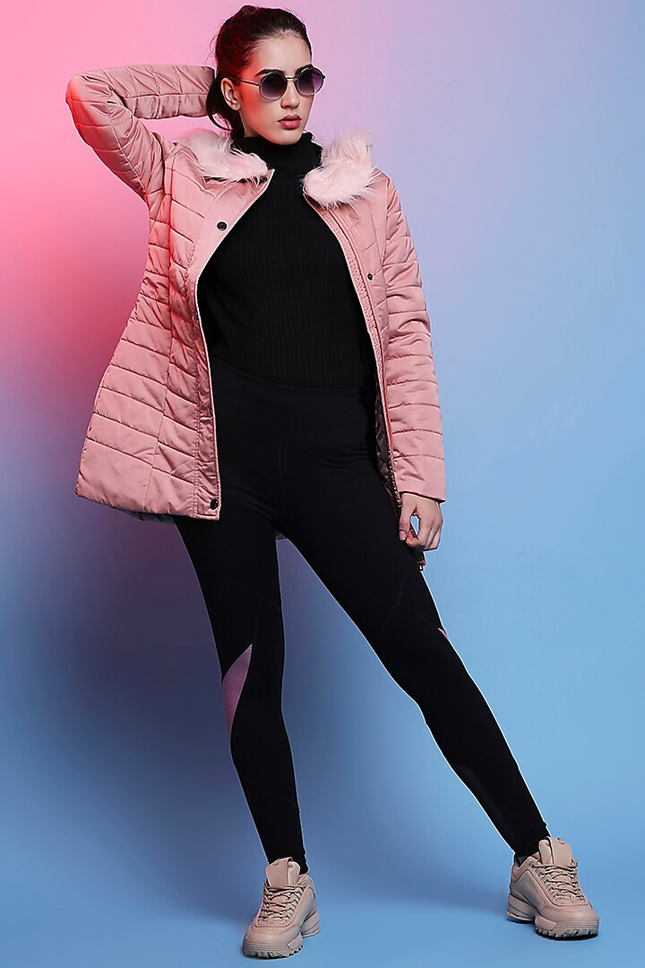 Baby Pink Polyester Quilted Jacket by TUNA ACTIVE