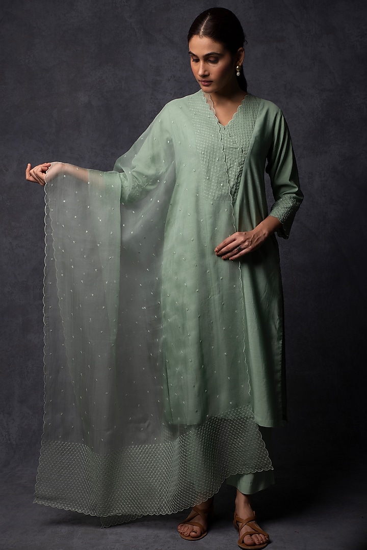 Pista Green Chanderi Thread Embroidered Straight-Fit Kurta Set by Tulsi