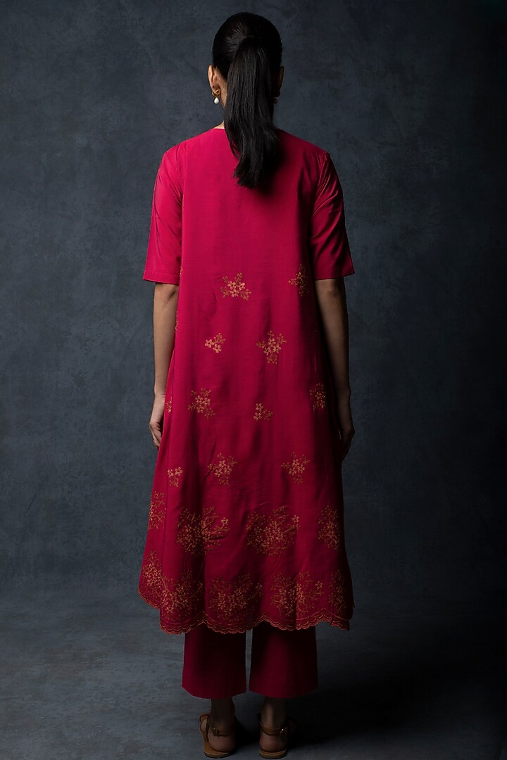 Deep Red Chanderi Floral Motif Thread Embroidered Kalidar Kurta Set by Tulsi at Pernia's Pop Up Shop
