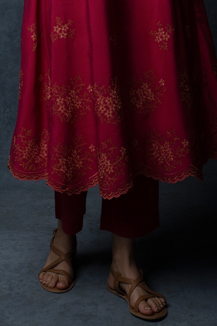 Deep Red Chanderi Floral Motif Thread Embroidered Kalidar Kurta Set by Tulsi at Pernia's Pop Up Shop