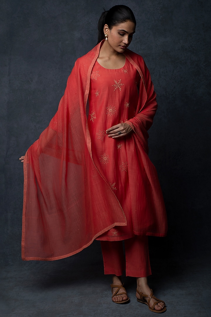 Deep Coral Chanderi Floral Motif Thread Embroidered Kalidar Kurta Set by Tulsi