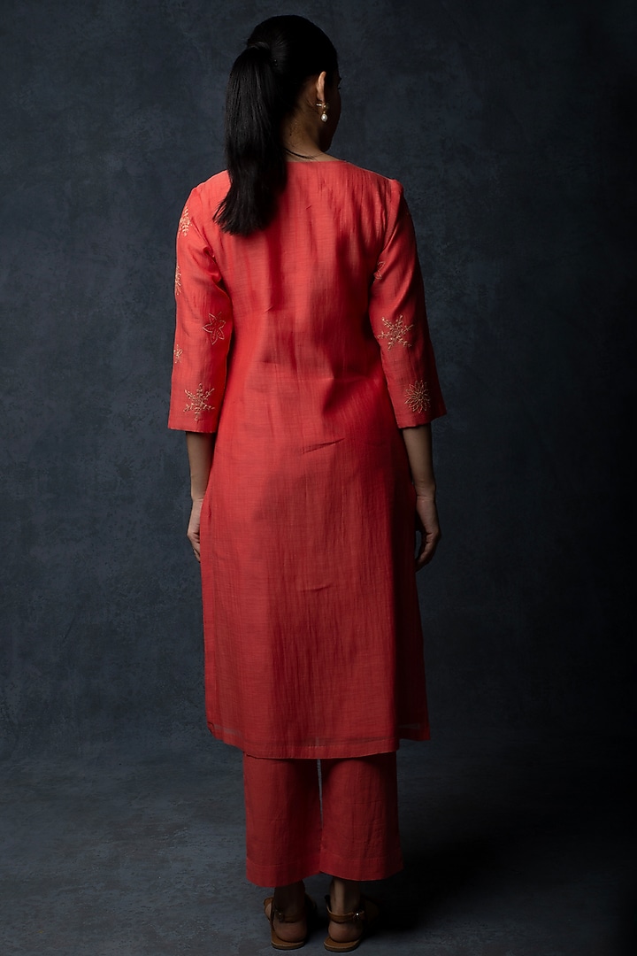 Deep Coral Chanderi Floral Motif Thread Embroidered Kalidar Kurta Set by Tulsi at Pernia's Pop Up Shop