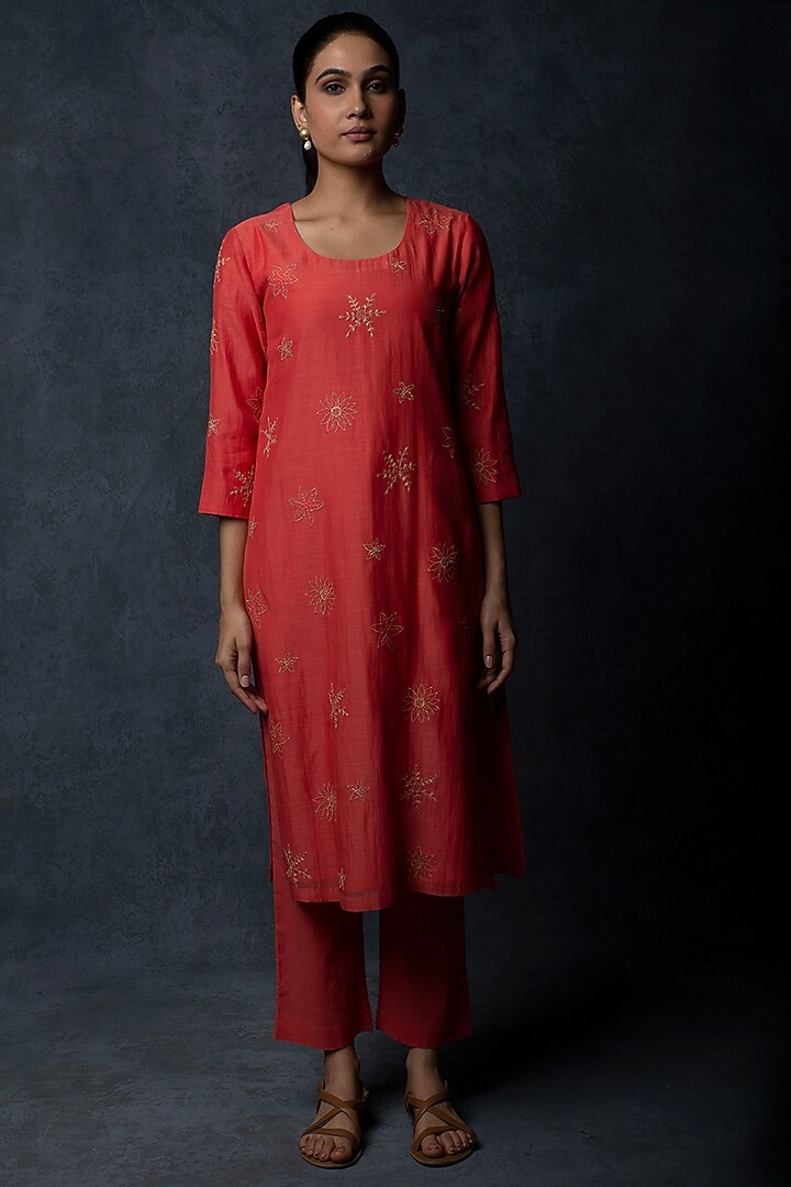 Deep Coral Chanderi Floral Motif Thread Embroidered Kalidar Kurta Set by Tulsi at Pernia's Pop Up Shop