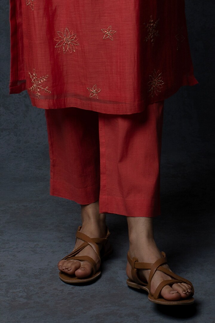 Deep Coral Chanderi Floral Motif Thread Embroidered Kalidar Kurta Set by Tulsi at Pernia's Pop Up Shop