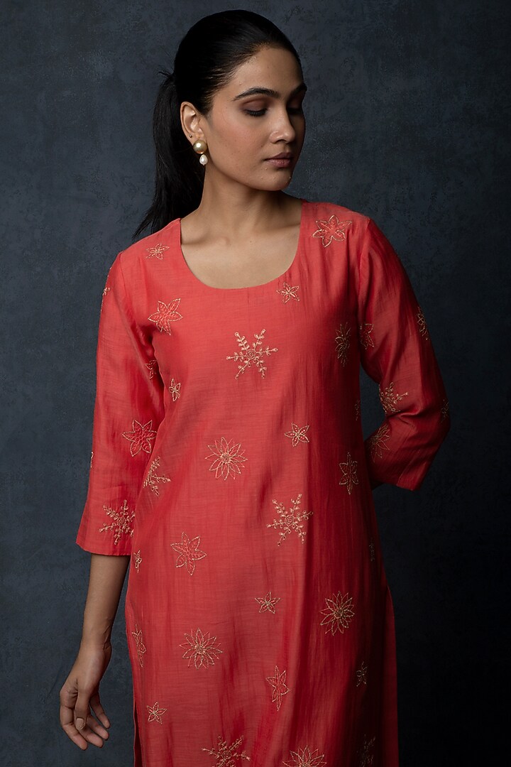 Deep Coral Chanderi Floral Motif Thread Embroidered Kalidar Kurta Set by Tulsi at Pernia's Pop Up Shop