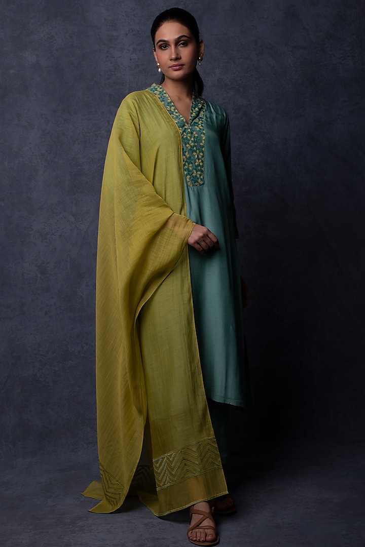 Teal Green Muslin Patchwork Embellished Straight-Fit Kurta Set by Tulsi