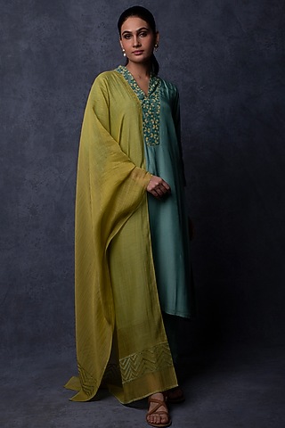 Teal Green Muslin Patchwork Embellished Straight-Fit Kurta Set by Tulsi