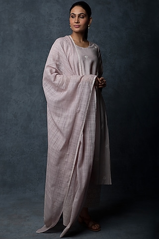 Lavender Chanderi Thread Embroidered A-Line Kurta Set by Tulsi