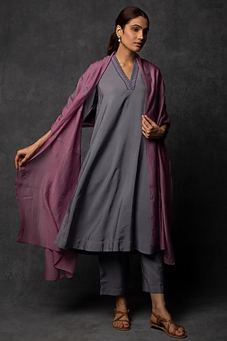 Petrol Blue Chanderi Patchwork Embroidered Kurta Set by Tulsi
